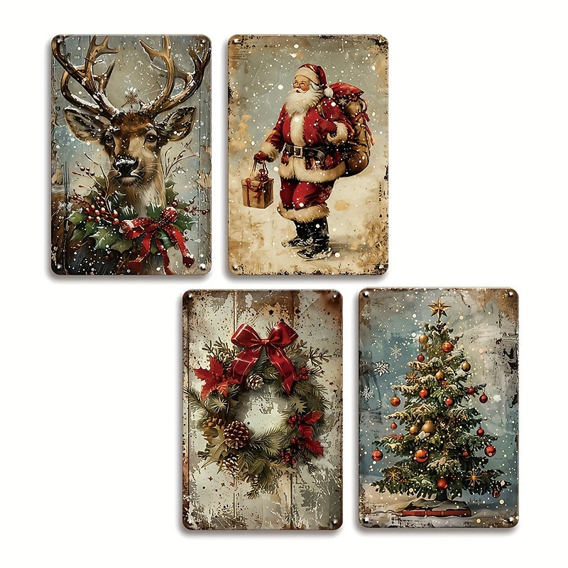 TEMU 2d Flat, 4pcs Retro Christmas Trees Tin Sign Vintage Christmas Rustic Wall Decor For Home Festive Kitchen For Man Cave 8x12 Inch Halloween