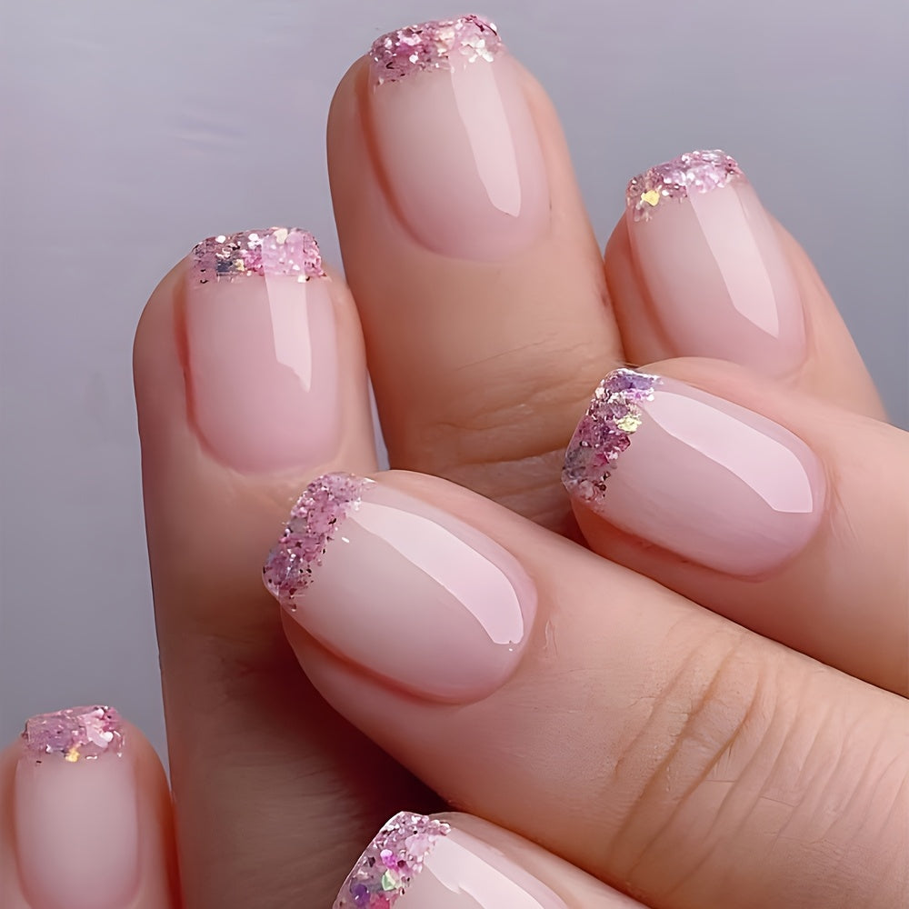 TEMU 24pcs Glossy Extra-short Press On Nails - Pink Glitter Gradient, Square Shape, Reusable Artificial Nails For Women, Perfect For And Special