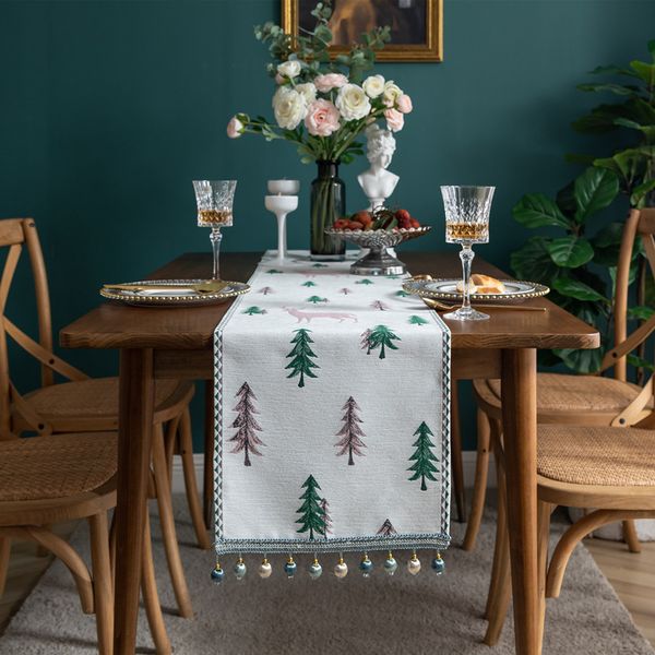 Table Runner Christmas Tree Winter Holiday Elk Dining Cloth Placemat Year Home Kitchen Rustic Decorations 230327