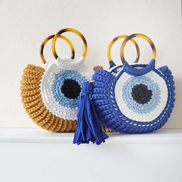 Rope Crochet Handbags Tassel Eyes Tote Round Handle Clutch Female Handmade Knitting Yarn Beach Bags for Women Woven Shoulder Bag 240730