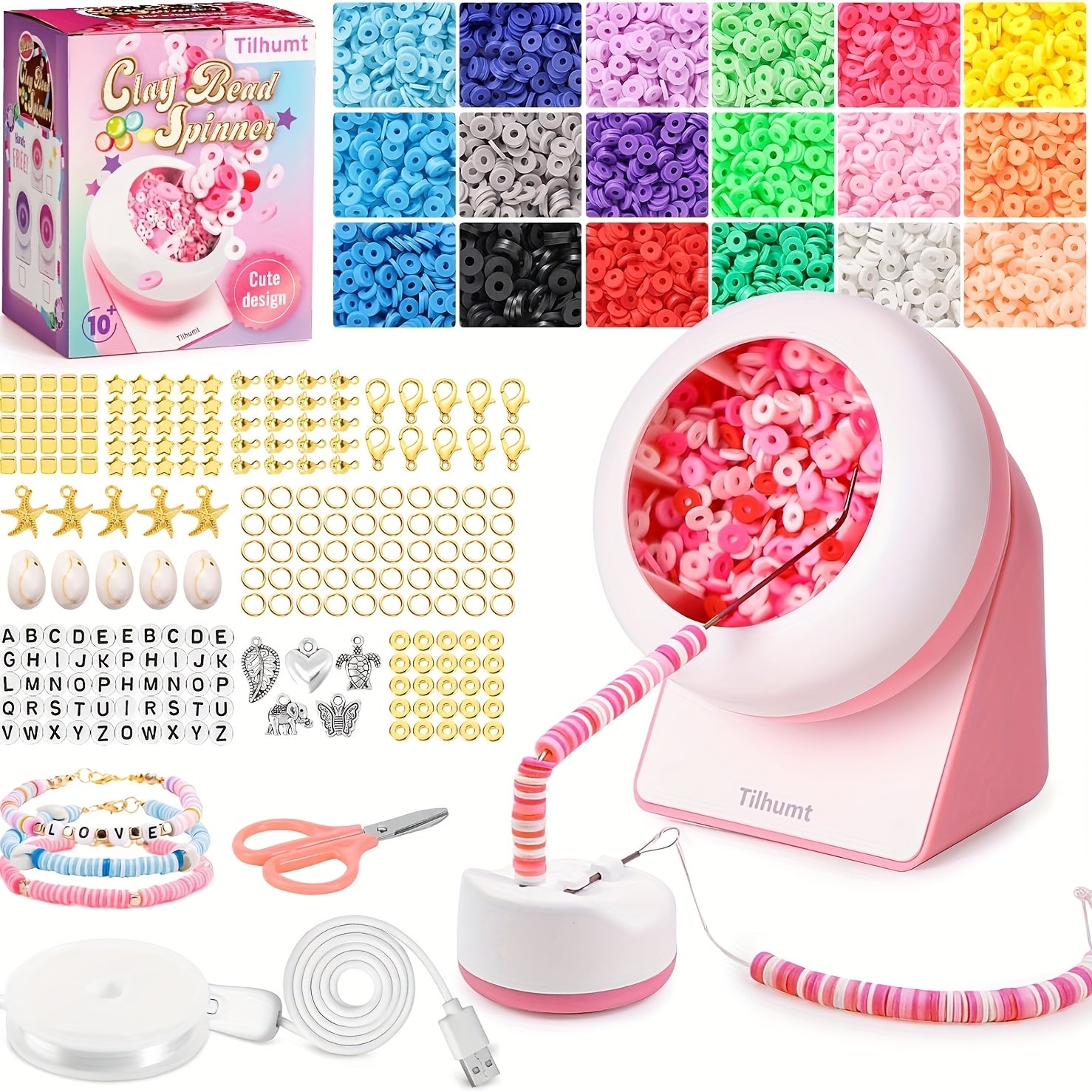 TEMU Tilhumt 3824pcs Bead Spinner Pink, Beading Set For Making 28 Friendship Bracelets, Bracelet Making Kit With 18 Colors Polymer Clay Beads,