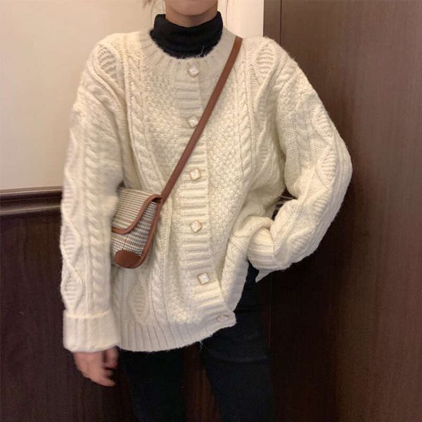 Japanese gentle needle knitting cardigan in autumn and winter 2024 loose lazy Fried Dough Twists white sweater coat women&#039;s thick