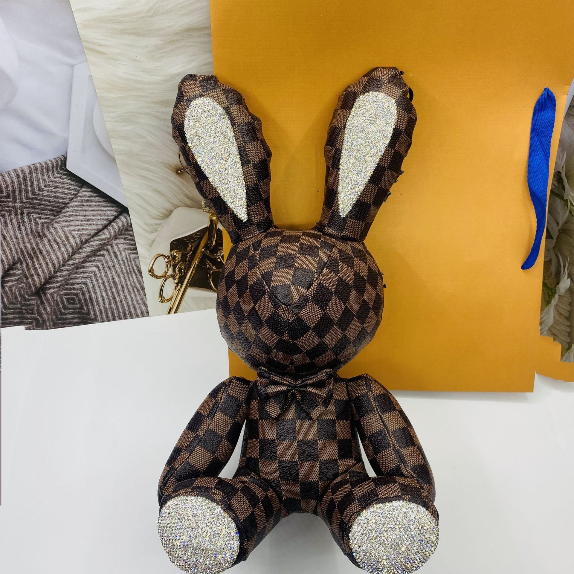 38cm Stuffed Bunny Dolls Keychain Ring Cute Luxury Diamond Rhinestone Rabbit Animal Plush Toys PU Leather Brown Flower Cartoon Xmas Birthday Gifts f