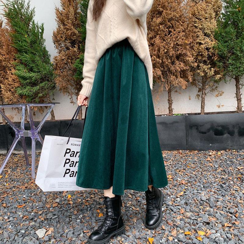 Skirts Lucyever Corduroy Long Skirt Women Autumn Winter Thicken Waist Midi Woman Elegant Pockets A-Line
