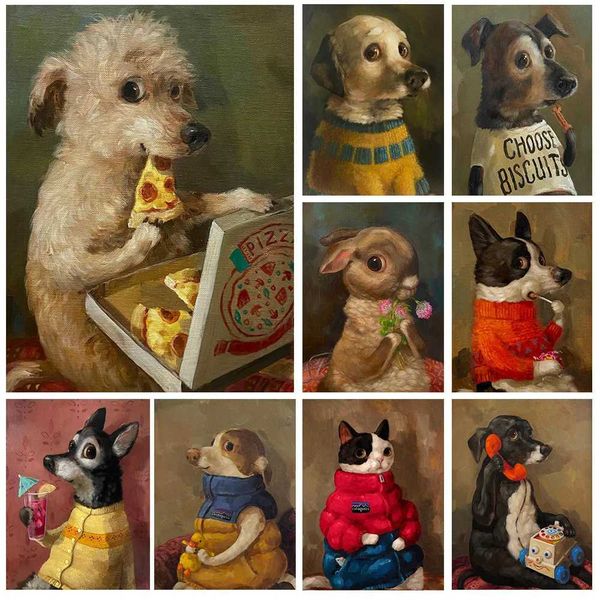 High Quality Fun and cute little dog eating pizza retro animal poster printing retro art living room home decoration kitten eating cookies c