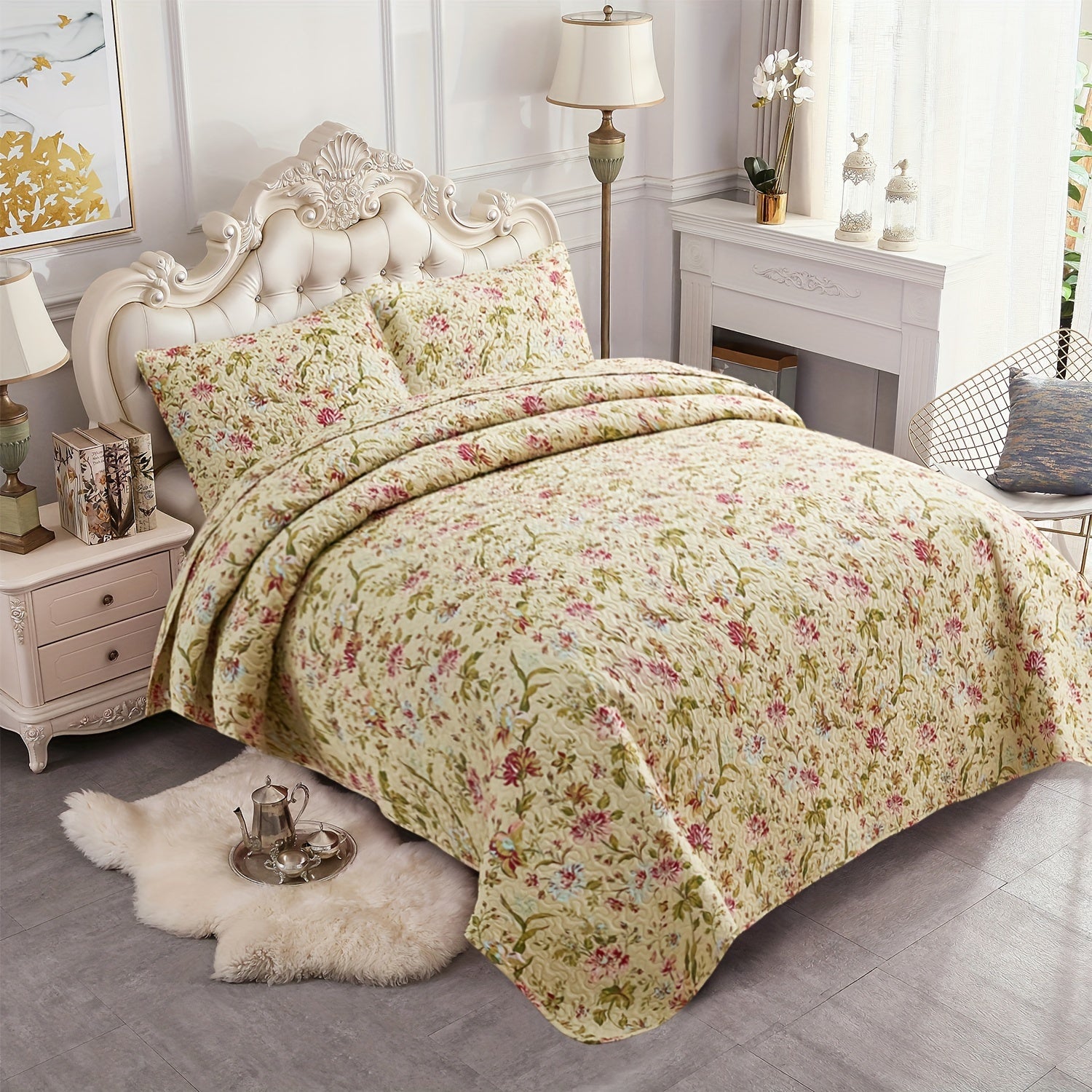 TEMU 3-pcs Quilt Bedding Set -size Queen&king Microfiber Bedspreads Floral Reversible Lightweight Coverlets (1quilt+2pillow Shams) For All Season