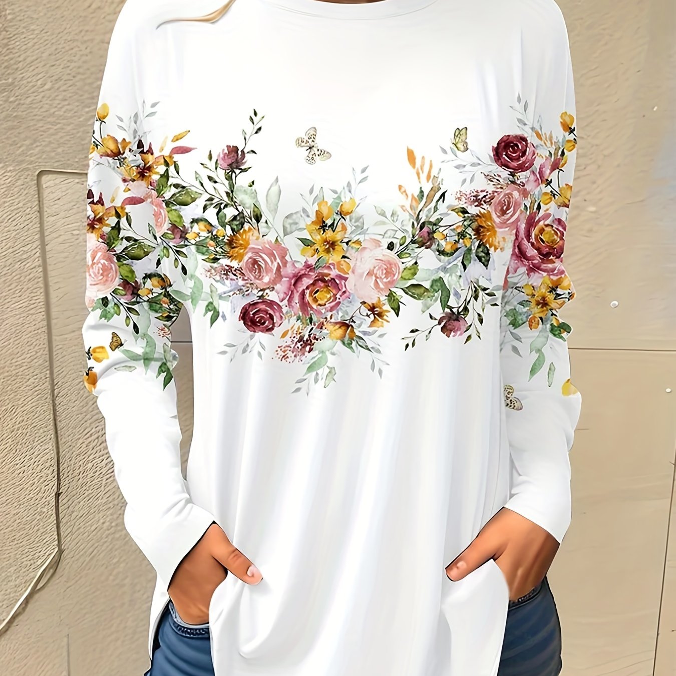 TEMU Women's Casual Long Sleeve T-shirt With Vibrant Pink Floral Print On White - Relaxed Fit Round Neck, Machine Washable Top For Casual Attire,