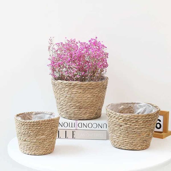Straw Weaving Flower Plant Pot Wicker Basket Rattan Flowerpot Storage Baskets Garden Flowerpot Grass Woven Planter Basket S2412234