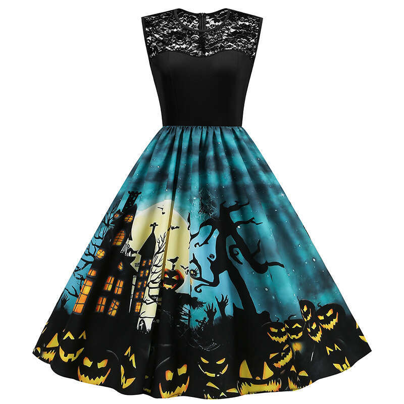 Hallowmas Halloween lace patchwork waist cinching big swing womens dress 8055