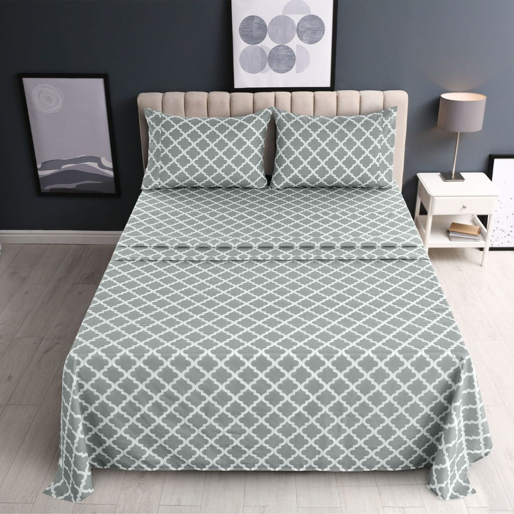 4-Piece Premium Quatrefoil Microfiber Bedding Set - California King - Grey