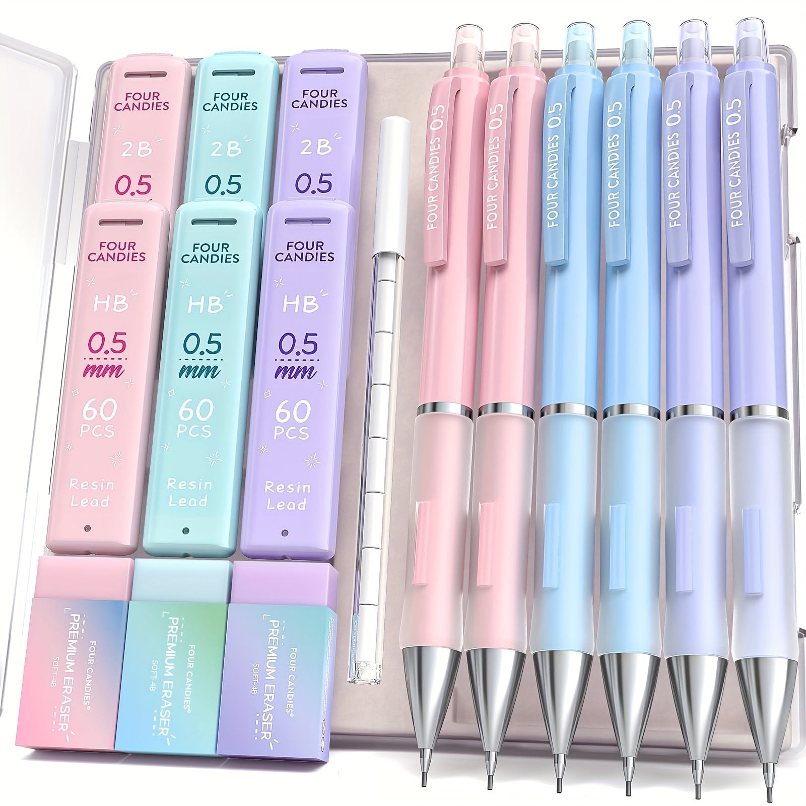 TEMU 4 Candies 0.5mm Mechanical Pencil Set - 6pcs Cute Pencils With 360pcs Hb & 2b Lead Refills, 3pcs Pastel Erasers And 9pcs Eraser Refills,