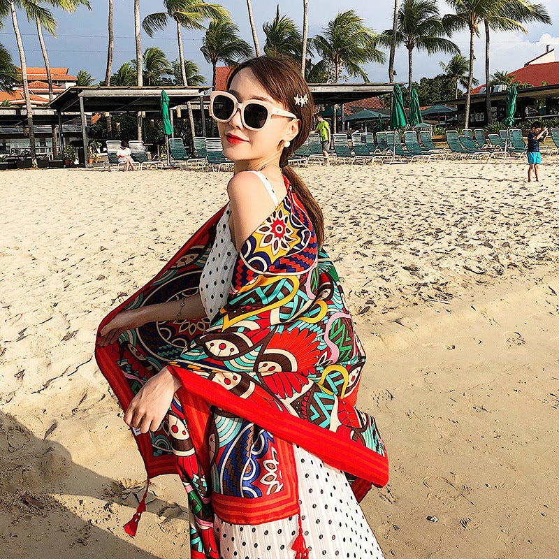 K668 Cross-border summer ethnic style shawl outerwear beach towel women 2024 new travel sunscreen silk scarf tassel long scarf