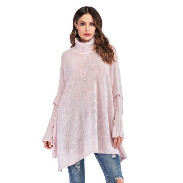 European style turtleneck pullover knitwear sweater large size batwing sleeve loose casual solid color fake-two pieces knitting long sweater