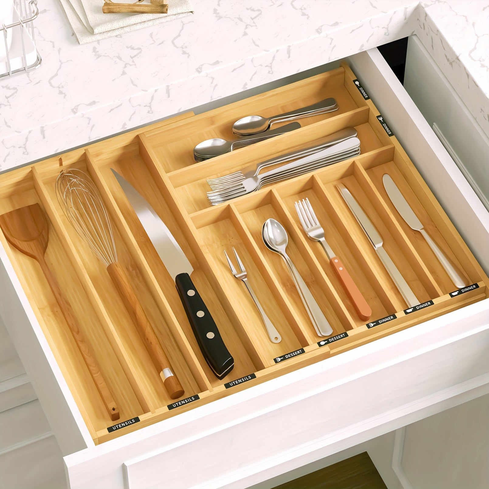 TEMU Kitchen Silverware Drawer Organizer With Tags, Expandable Bamboo Utensil Tray Holder For Flatware, Knives, And Spoon Drawer Storage For