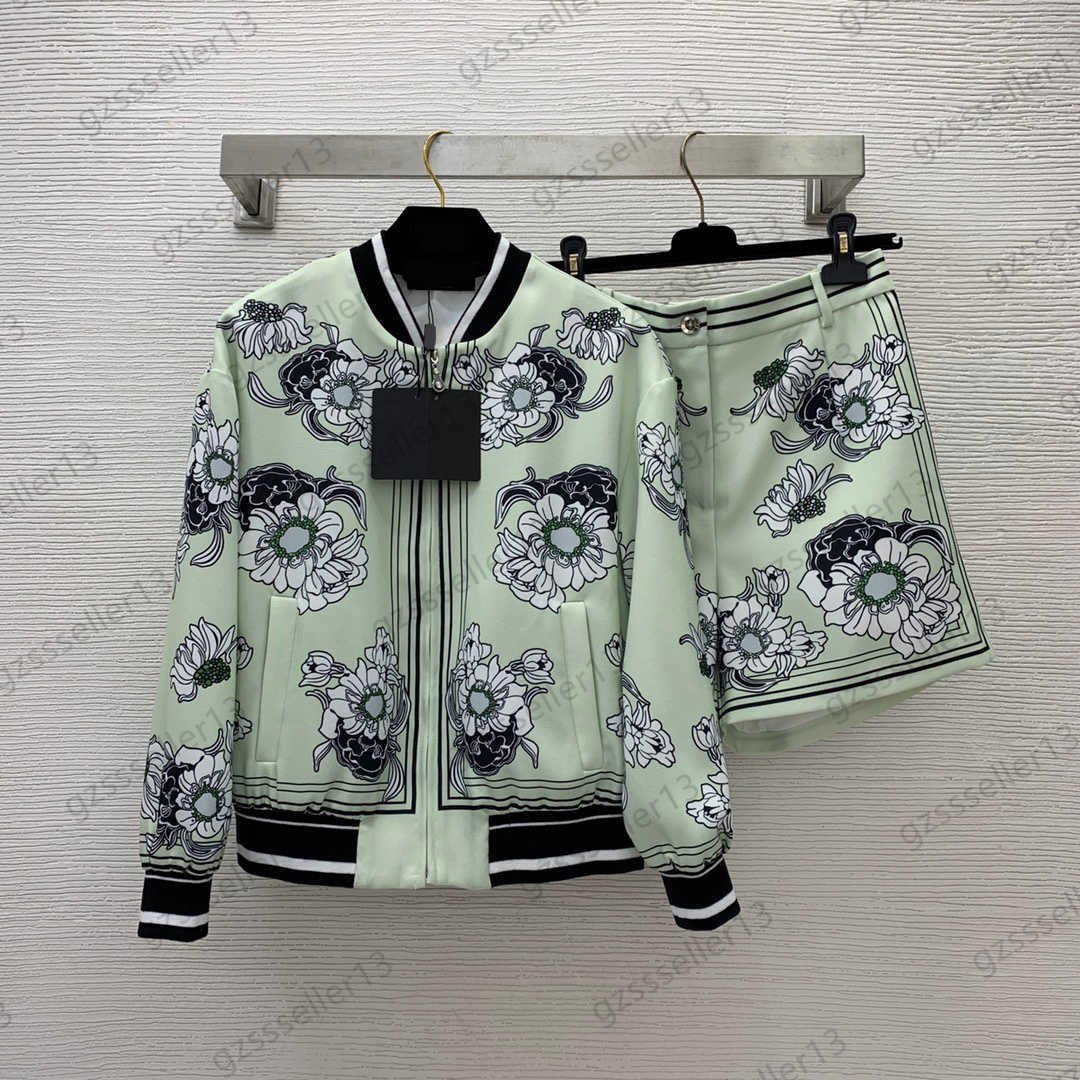 Two Piece Set Womens Two Pieces Pants Brand Floral Print Splicing Stripes Zipper Open Long Sleeved Stand Collar Jacket High Waist Casual Shorts Wome