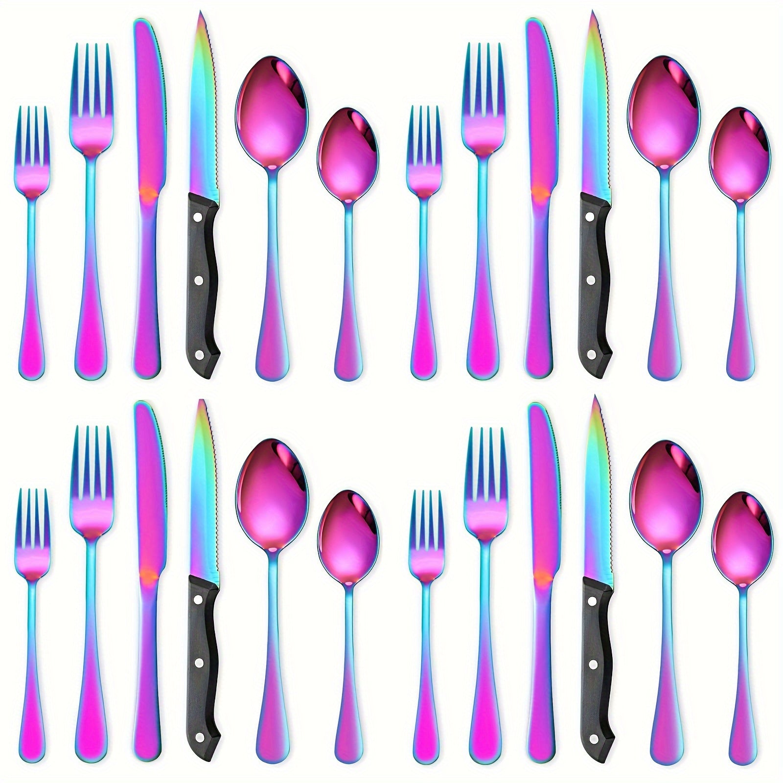 TEMU Rainbow-black Silverware Set For 4-8-12, Cutlery Stainless Steel Flatware 24pcs-48pcs-72pcs Colorful Knives Dishwasher Safe Eating Utensils For