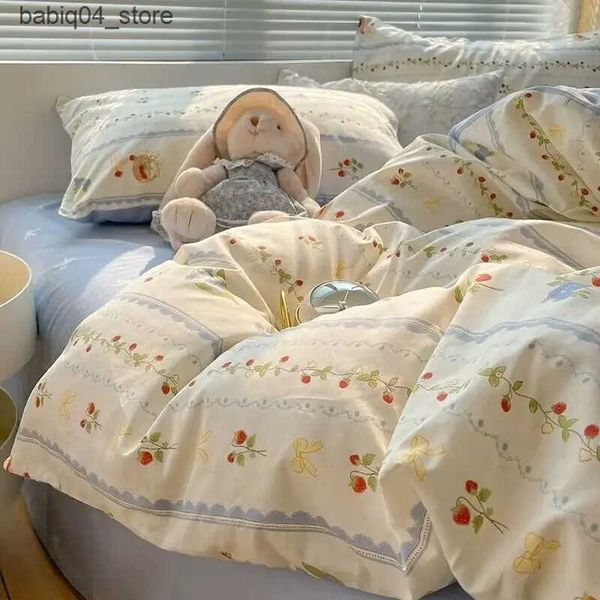 Bedding sets Korean Style Fashion Bedding Set Kids Adults Twin Full Queen Size Blue Bed Flat Sheet Duvet Cover cases Floral Bed Linen L24091