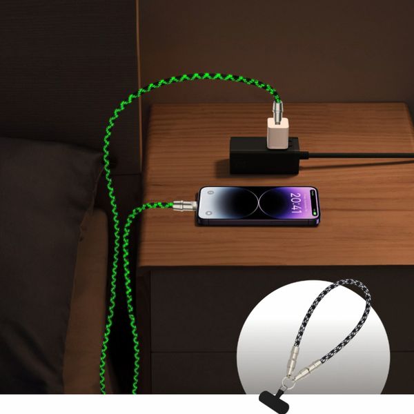 Mobile phone lanyard charging cable 2-in-1 night light braided anti loss rope PD60W fast charging data cable suitable Using Apple 15
