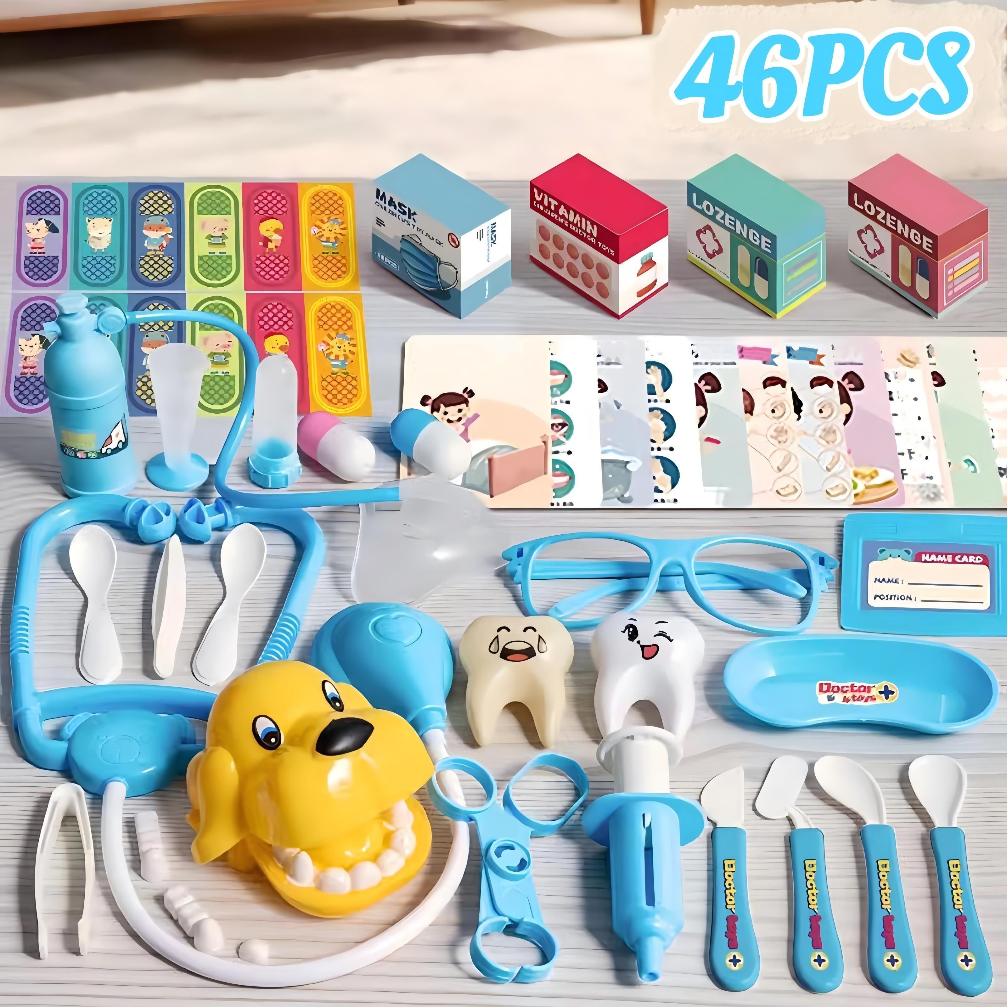 TEMU 46pcs Blue Pretend Play Toys, Toy, Girls' Simulation Stethoscope, Injection, A Dental Pretend Play Toys, As Halloween, Chrismas Gift ( Parts Are