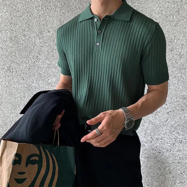 Summer Men&#039;s Retro Knitting Lapel Stripe POLO Shirt Solid Color Thin Cozy Short Sleeve TShirt 240115