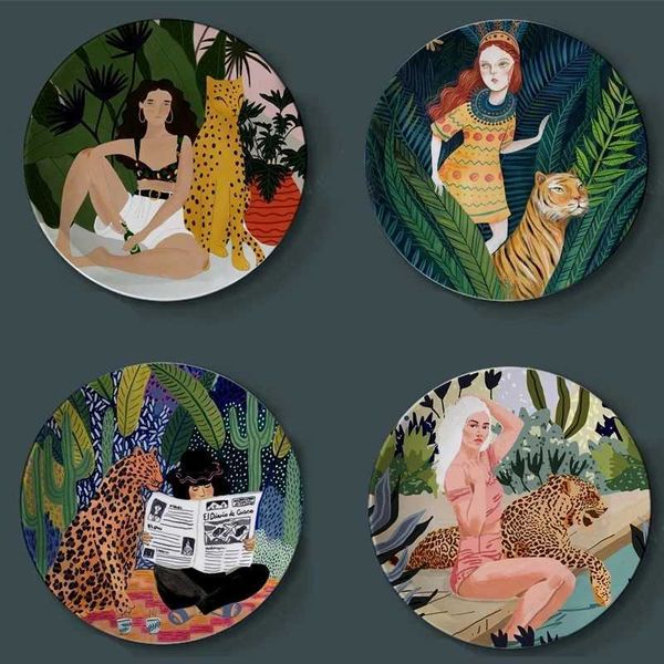 Dishes Plates Flora Tiger and Girl Watercolor Plates Creative Home Decorative Illustration Plate Ceramic Decor Craft Leopard Lady Europe Dec