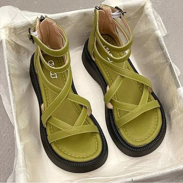 Thick Heel Women Sandals Hollow Open Toe Shoes Fashion Casual Female Flat Roman Summer 2024 241019