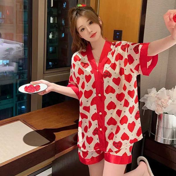 Womens Summer Ice Silk Pajamas Set Short Sleeve Cardigan 2pcs Cartoon Home Suit Female Thin Sleepwear Comfortable LoungewearC241213