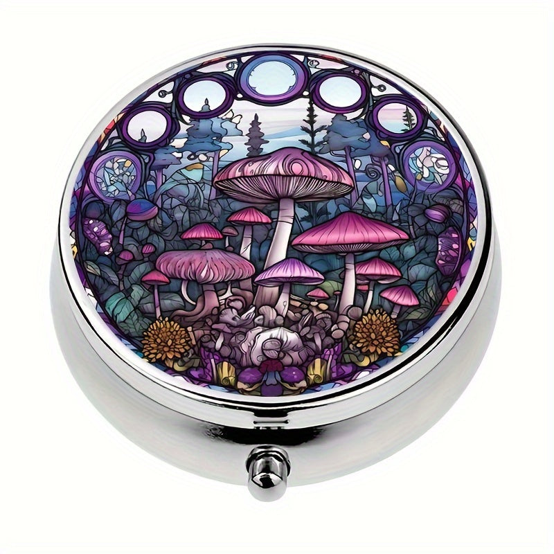 TEMU 1pc Mushroom Pill Box, Elegant Round Metal Pill Case, Portable Pill Pill Vitamin Clip, 3 Component Wallet Pocket Travel Gift - Practical And