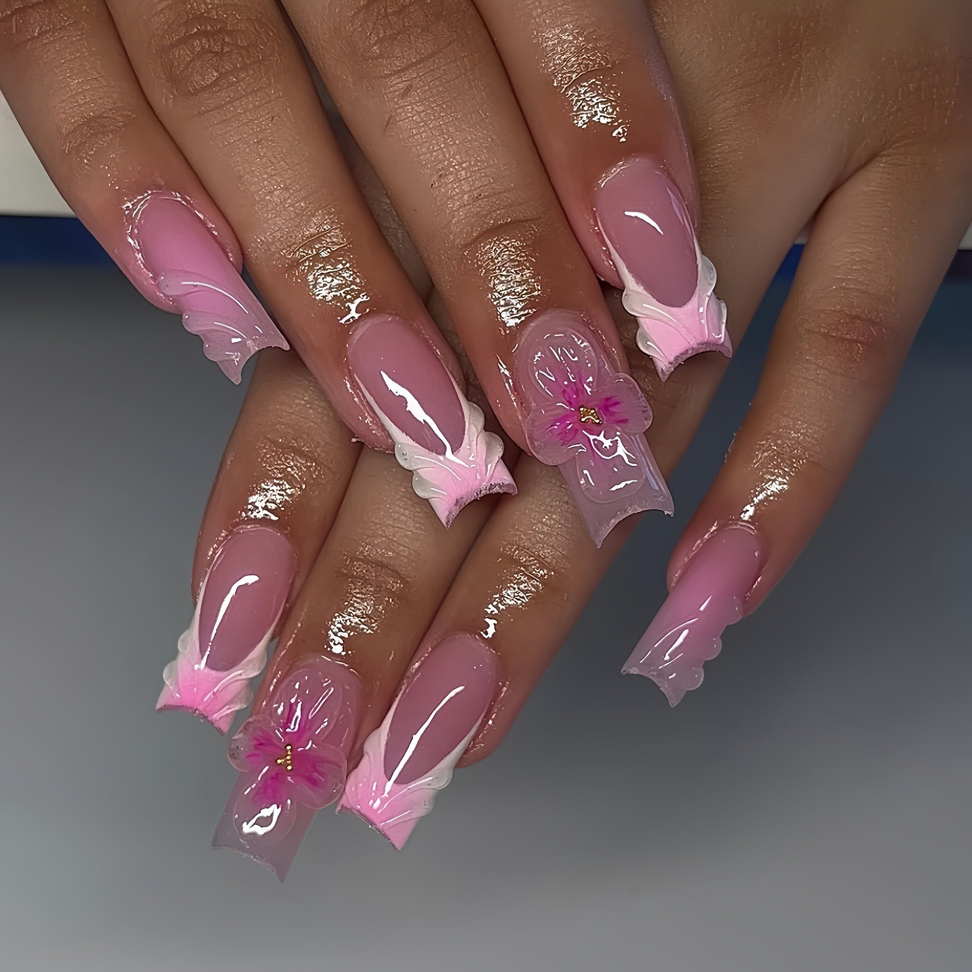 TEMU 24-piece Long Square Pink French Stripe Flower Glossy Press-on Nail Set With Jelly Adhesive And Nail File For Daily Wear
