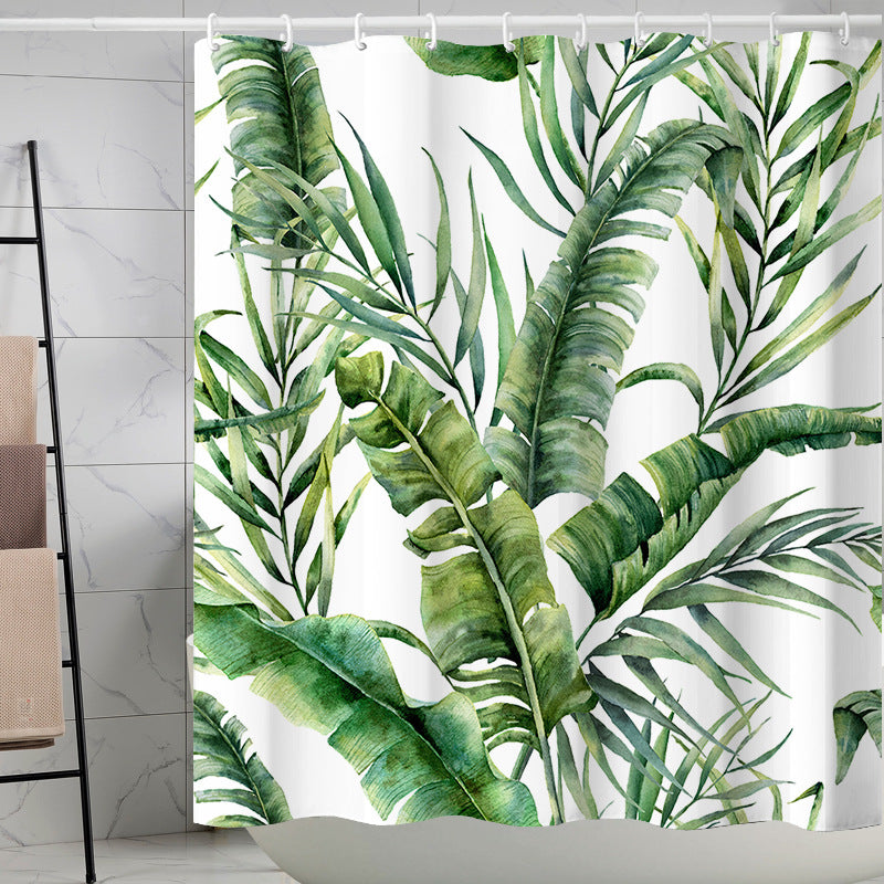 YL-37276 Tropical green leaf print shower curtain bathroom curtain waterproof and mildew proof partition curtain punch-free hanging curtain