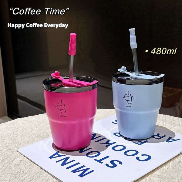 High aesthetic straw coffee convenient student stainless steel double drinking water cup, insulated car cup