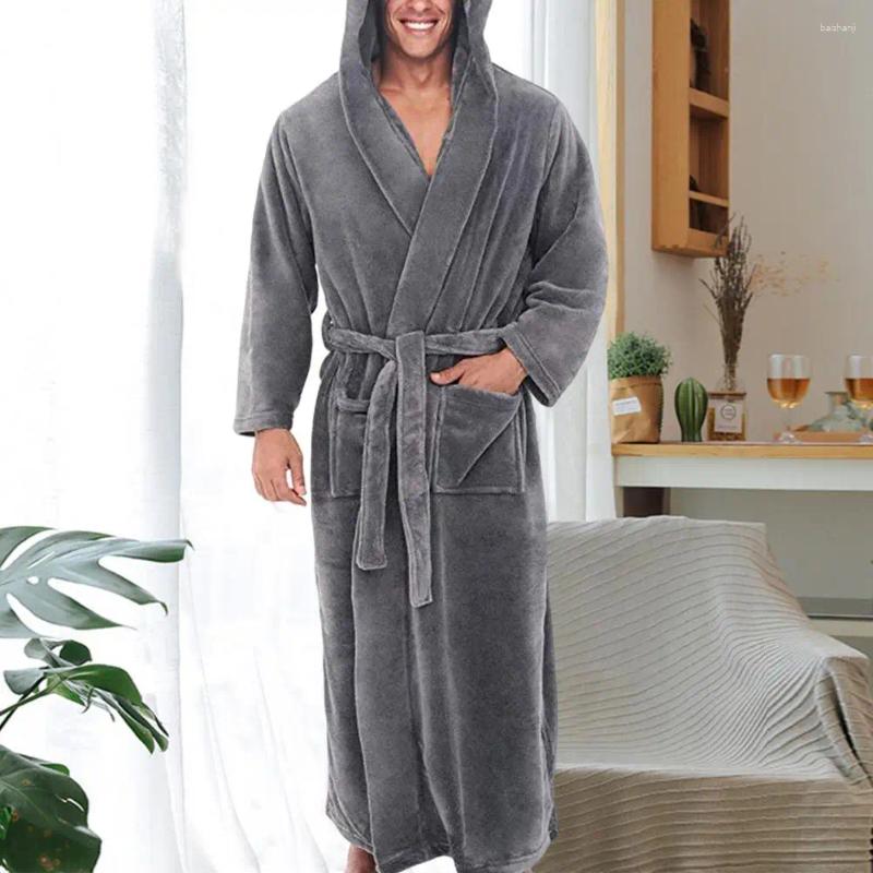 Men&#039;s Sleepwear 5XL Oversize Men Bathrobe Ankle Length Long Sleeve Fleece Nightgown Winter Warm Hooded Gown Plush Bath Robe