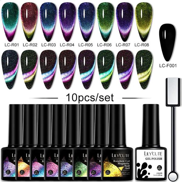 LILYCUTE 10PCSSET Gel Nail Polish 9D Reflective Glitter Cat Magnetic Gel Set With Magnetic Stick Soak Off Nail Art Varnish 241009