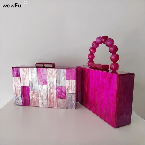 Pearl Rose Pink Plaid Acrylic Box Evening Clutch Bags Wedding Women Dinner Dress Purses er Ladies Chain Handbag Chic 241030