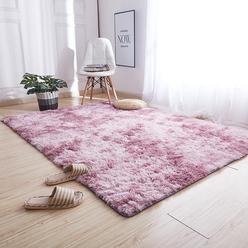 Rectangular Silk Tie Dye Floor Mat with Gradient Long Hair Carpet, Nordic Style Bedroom Balcony Bay Window Carpet