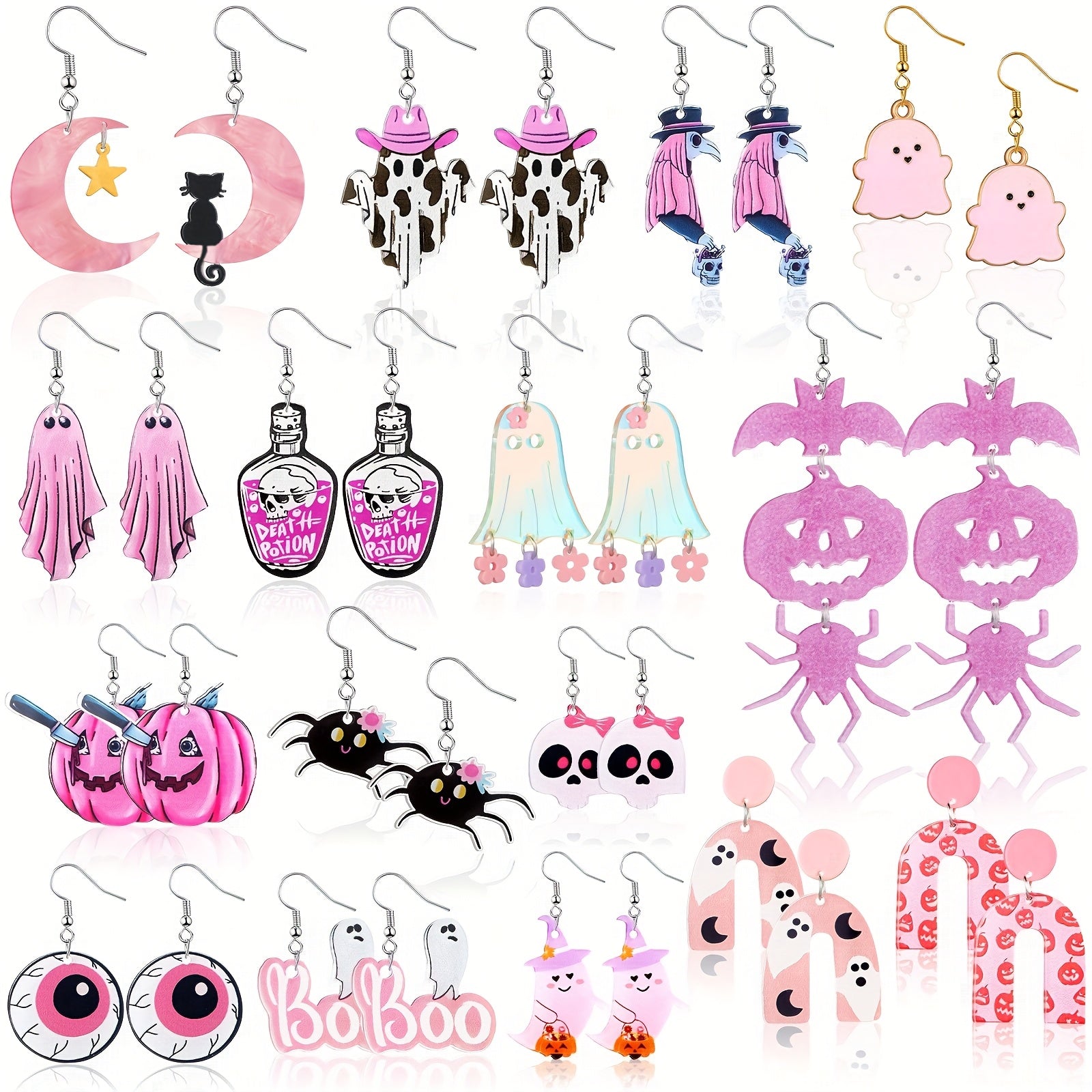 TEMU 8 Pairs Women's Gothic & Cute Halloween Earrings - Spooky Bat, Cat, Pumpkin,, , Haunted House, Bats & Moon Dangle Hoops | Pink, Purple, Black,