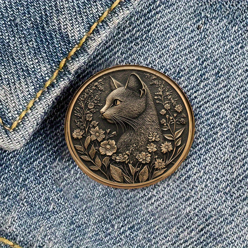 TEMU 1pc Elegant Gray & White Floral Cat Brooch Pin - Alloy Resin Round Badge With Detailed Flower Patterns For Jackets, Jeans, Bags, Shoes -