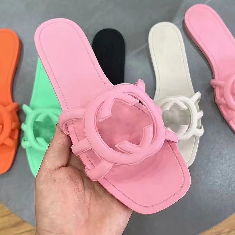 2024 Designer Sandals Women Interlocking G Slides Rubber Slippers Ladies Flat new Beach Jelly Script Orange Summer Fall Mules Outdoor Waterproof san