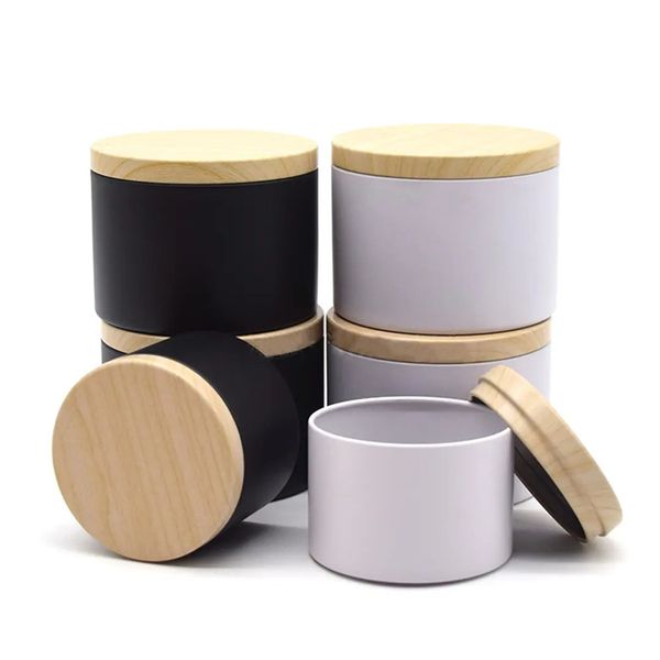 120pcs 4oz 8oz Round Tin Cans for Candles Black-White Crafts Candle Packaging Tin Cans With Wood Grain Lids In Bulk Metal Candles