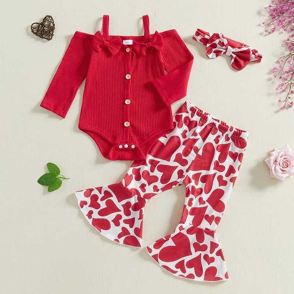 Baby Girls Fall Clothes Outfits Cold Shoulder Long Sleeves Romper and Heart Print Flared Pants with Headband 3 Piece SetsC250109