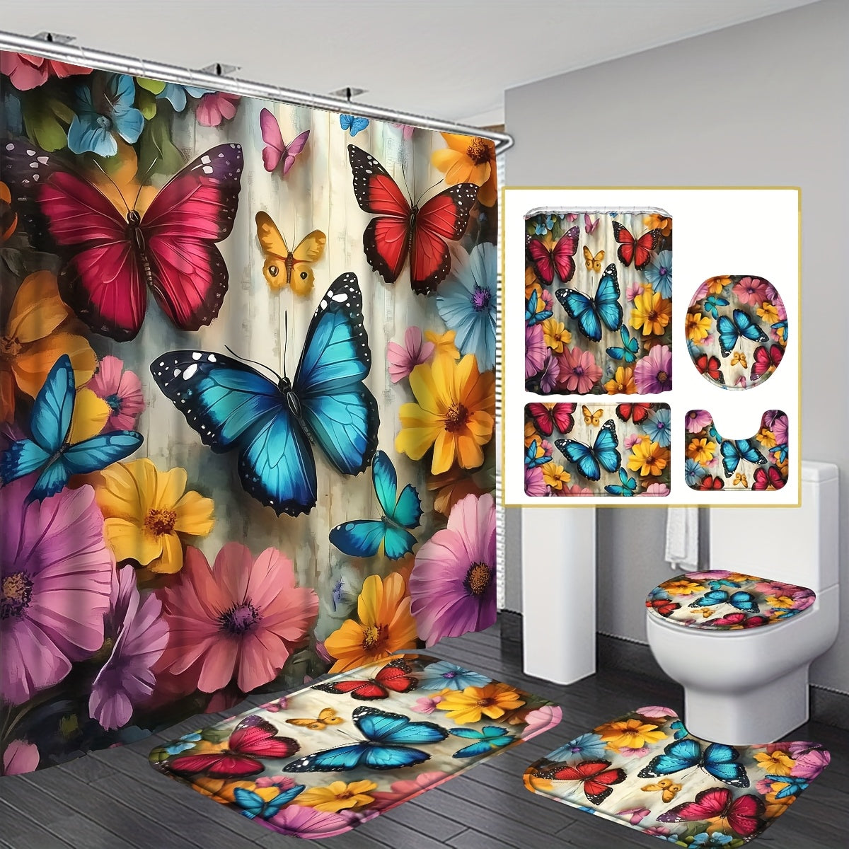 TEMU 4pcs-1pc Spring Butterflys Floral Shower Curtain Set With Non-slip Rugs, Toilet Mat, Toilet Seat Cover, High Quality Machine Washable Shower