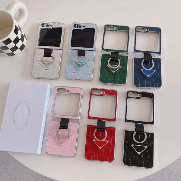 Luxury Plating TPU Frame Phone Case for Samsung Galaxy Z Flip 6 5 4 3 Premium Crocodile Grain Leather Protection Cover with Portable Finger