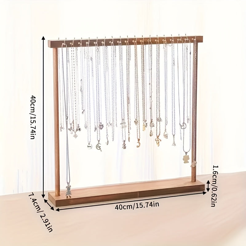 TEMU Elegant Walnut Jewelry Storage Box With 12 And 18 Hooks - Multifunctional, Floor Standing Display Stand For Necklaces, Bracelets, Earrings, And