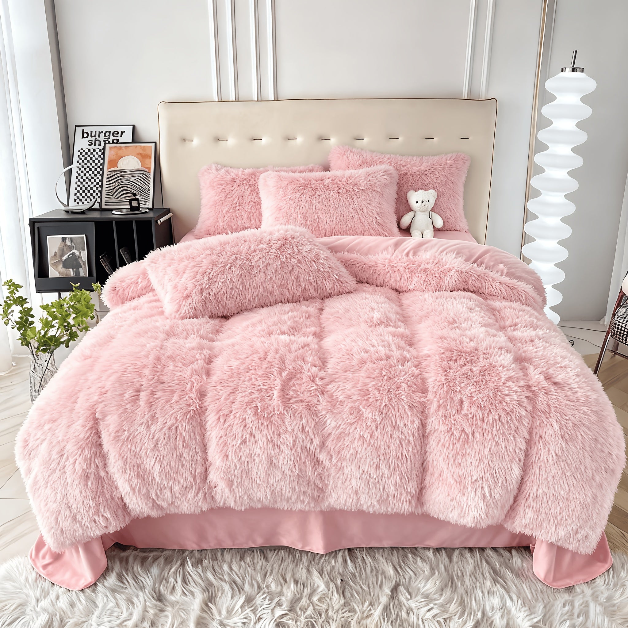 TEMU Luxurious Plush Bedding Set - Soft Fluffy Duvet Cover, Heart-shaped Pillow Shams & Decorative Pillowcases - Modern In Vibrant Yellow