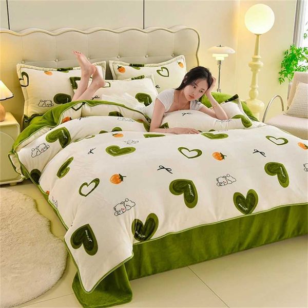 Winter Thicken Milk Velvet Four Piece Set Small Fresh Warm Velvet Quilt Cover Bedding Set King Duvet Cover Bed Linen PillowcaseC241021