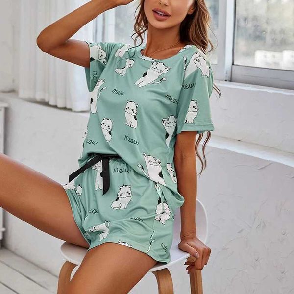 Women Pajamas Sets Short Sleeve Nightwear Top and Pants Sleepwear 2 Piece Pjs Loungewear Cartoon Print Pyjamas Set NightwearC241213