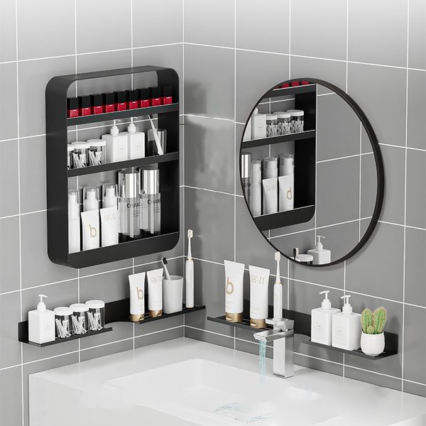Mirror Front Faucet Rack Toliet Wall Cosmetic Storage Shelf Black Aluminum Tray Shower Home Organizer Holder Bathroom Accessorie