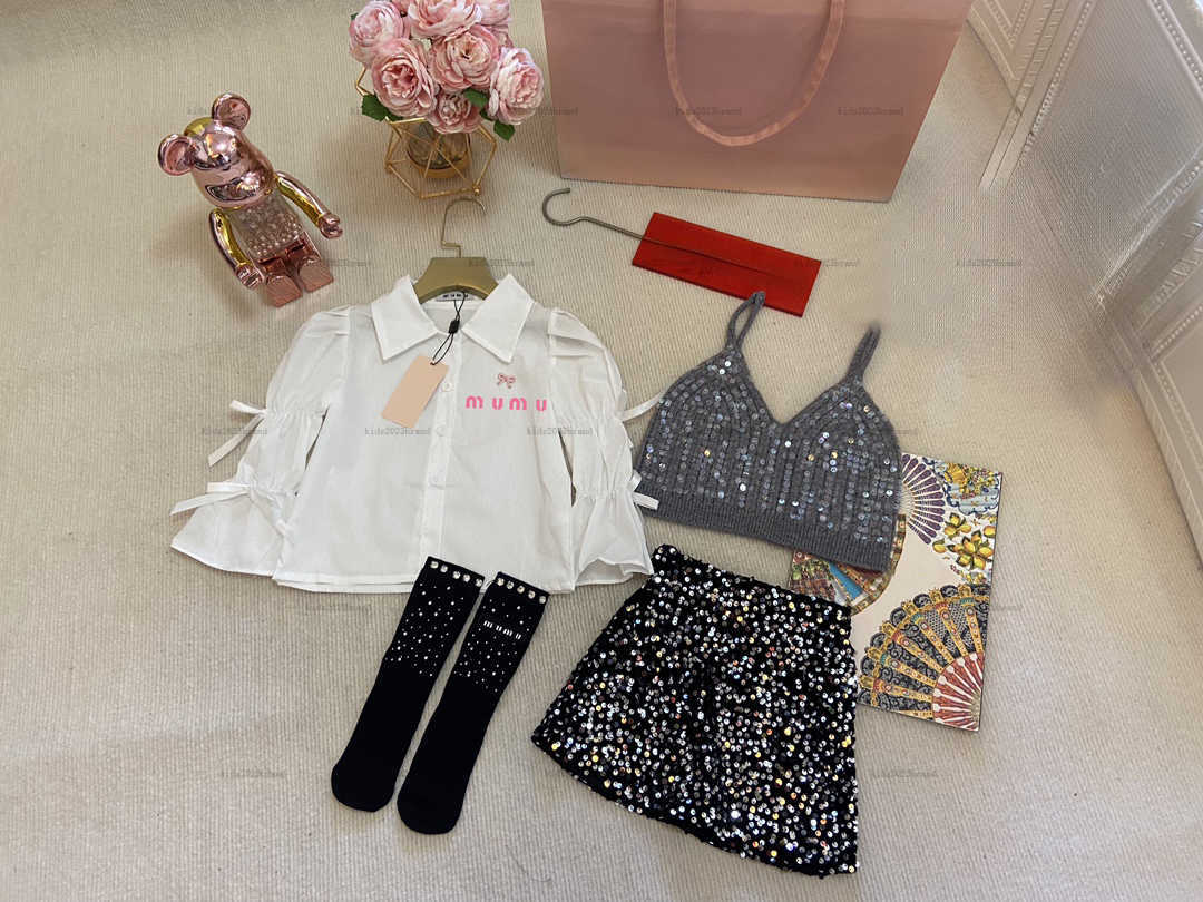 New girls dress set Autumn baby skirt suits kids designer clothes Bubble sleeve shirt Colorful Diamonds decoration Half skirt Vest Socks