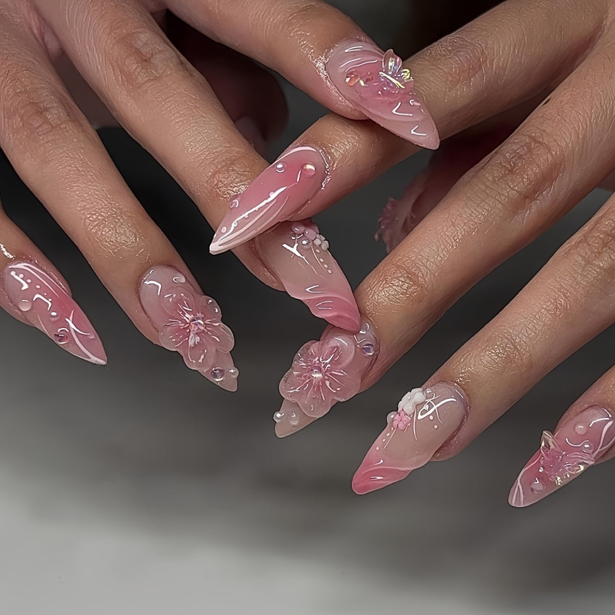 TEMU 24pcs Almond Shaped Press-on Nails - Medium Length Soft Pink Floral Design With Glossy Finish, Includes Jelly Glue & Nail File For Women & S,
