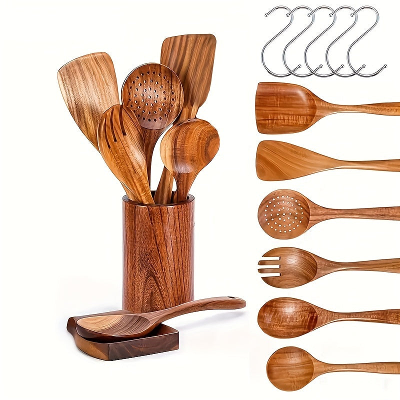 TEMU Wooden Spoons For Cooking Wooden Utensils For Cooking Set With Hold Spoon Rest And Hooks Teak Wood Nonstick Kitchen Cookware Durable Set Of 8pcs